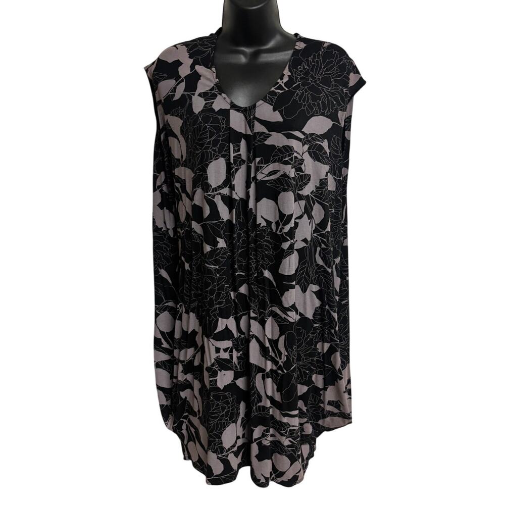 Allison Izu Dress Large Black Gray Floral Hawaii Made Sleeveless Flowy Shift
